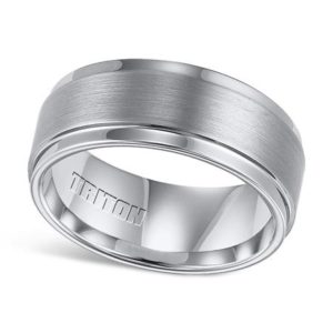 9mm White Tungsten Carbide Brush Finish Flat with Bright Step Edge Comfort Fit Gents Band