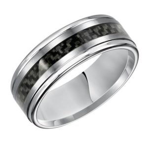 8mm Tungsten Carbide Step Edge Comfort Fit Gents Band with Black Carbon Fiber Inlay