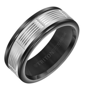 8mm Black Tungsten (Primary) 14ktw Serrated Vertical Cuts Gents Band