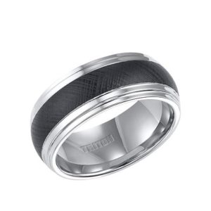 9mm Black and White Domed Double Step Edge Tungsten Carbide Comfort Fit Gents Band