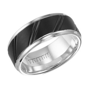 9mm Black and White Tungsten Carbide Beveled Step Edge Comfort Fit Gents Band with Diagonal Cut Design