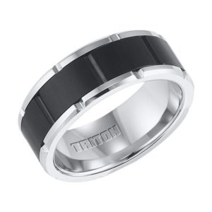 8.5mm Comfort Fit White/Black Tungsten Carbide Brick Cut Design Gents Band