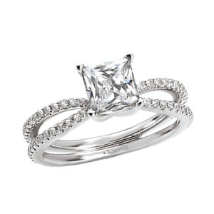 Split Shank Diamond Ring with Round Accent Side Stones in 14kt White Gold (D 1/4 carat total weight) This item is a SEMI-MOUNT and it comes with NO CENTER STONE as shown but it will accommodate a 5.5-6mm cushion cut or 5.5mm princess cut center stone.