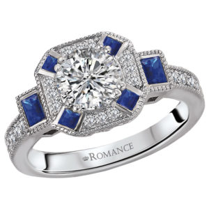 Sapphire and Diamond Ring with Milgrain Detail in 14kt White Gold