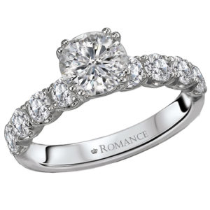 8-Stone Round Diamond Ring in 14kt White Gold. (D. 3/4 carat total weight) This item is a SEMI-MOUNT and it comes with NO CENTER STONE as shown but it will accommodate a 6.5mm round center stone. Peg Head