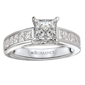 Princess-cut diamond ring is designed in 18kt white gold with a 14K peg head center