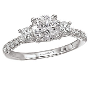 3-Stone Graduated Diamond Ring in 14kt White Gold with Trellis Design. (D1/2 carat total weight) This item is a SEMI-MOUNT and it comes with NO CENTER STONE as shown but it will accommodate a 6.5mm round center stone.