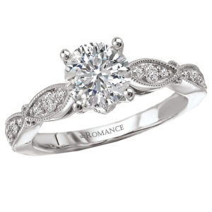 Diamond Engagement Ring in 14kt White Gold with Milgrain Detail and has a Peg Head Center. (D. 1/4 carat total weight). This item is a SEMI-MOUNT and it comes with NO CENTER STONE as shown but it will accommodate a 6.5mm round center stone. peg head