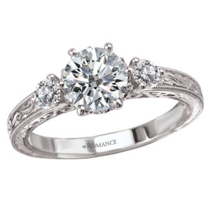 Diamond Ring in 14kt White Gold with Scroll Detail. (D. 1/5 carat total weight) This item is a SEMI-MOUNT and it comes with NO CENTER STONE as shown but it will accommodate a 6.5mm round center stone.