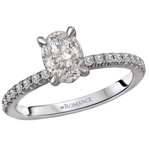 Gorgeous french pave diamond ring crafted high polished 14kt white gold with a fancy peg head center. (D 1/5 carat total weight) This ring is a SEMI-MOUNT and it comes with NO CENTER STONE as shown but it will accommodate a 7.5x5.5mm oval center stone.