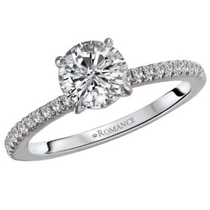 Gorgeous french pave diamond ring crafted high polished 14kt white gold with a fancy peg head center. (D 1/5 carat total weight) This item is a SEMI-MOUNT and it comes with NO CENTER STONE as shown but it will accommodate a 6.5mm round center stone.