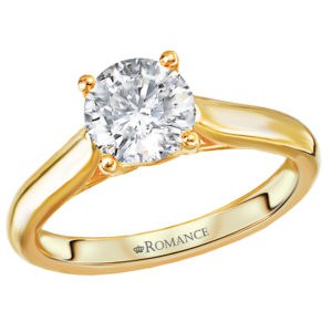 High polished 14kt yellow gold semi-mount solitaire engagement ring. This setting will accomodate a 6.5mm round diamond, sold separately.