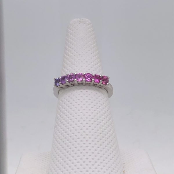 7 stone Pink and Purple Sapphire ring set in 14k white gold