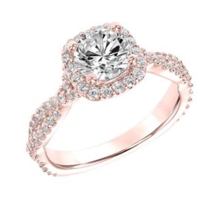 DIAMOND HALO ENGAGEMENT RING WITH TWISTED DIAMOND SHANK (CENTER STONE NOT INCLUDED). Alloy sample in store. Can be made to order for specific center stone size. Color and karat weight of gold options available.
