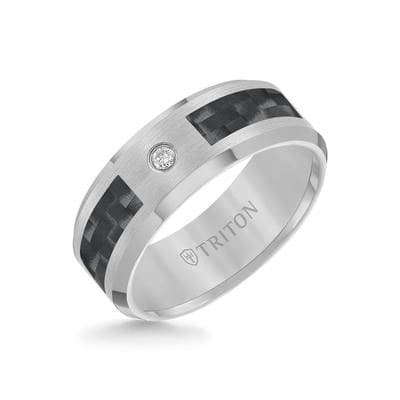 8mm Single Diamond Black Carbon Fiber Ring with Bevel Edge