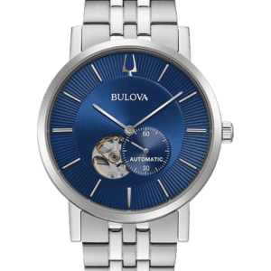 Bulova American Clipper Stainless steel case with open aperture blue dial with exhibition case back offering a glimpse of the 21-jewel automatic heartbeat movement with a 42-hour power reserve. Dial features stainless steel hands and markers and a sub sweep dial. Stainless steel bracelet. Flat mineral crystal. Water resistance to 30 meters.
