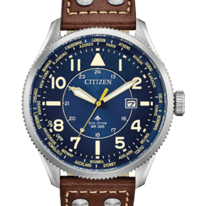 Revamped and reinvented, the antique styled Citizen Avion is here to stay. Featuring world time in 26 time zones, perpetual calendar, anti-shock and date in a stainless steel case, coffee brown leather strap with yellow contrast stitching and royal blue dial. Featuring our Eco-Drive technology – powered by light, any light. Never needs a battery. Caliber number E784.