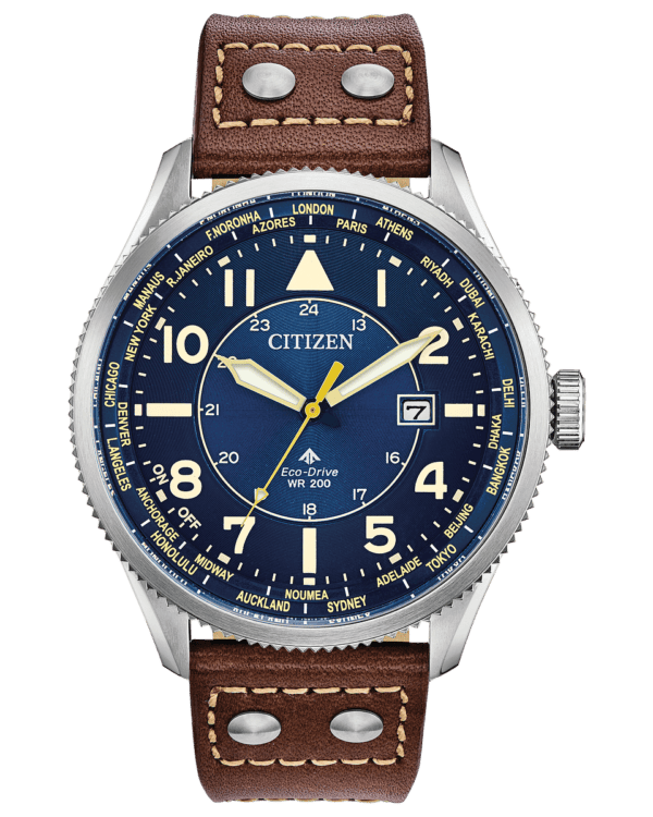 Revamped and reinvented, the antique styled Citizen Avion is here to stay. Featuring world time in 26 time zones, perpetual calendar, anti-shock and date in a stainless steel case, coffee brown leather strap with yellow contrast stitching and royal blue dial. Featuring our Eco-Drive technology – powered by light, any light. Never needs a battery. Caliber number E784.