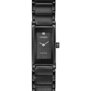 Citizen Axiom's refined yet sleek tank design offers a day-to-night fashion option with edge-to-edge glass design for the modern trendsetter. This timepiece, with Eco-Drive technology, features a black ion-plated stainless steel case and bracelet with black dial. Featuring our Eco-Drive technology – powered by light, any light. Never needs a battery. Caliber number G620.