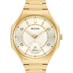 Bulova CURVE Gold-tone stainless steel screw-back case, silver white three-hand dial with 4 diamonds and sub sweep feature, curved sapphire crystal, gold-tone stainless steel bracelet with push-button deploymant clasp, and water resistance to 30 meters.
