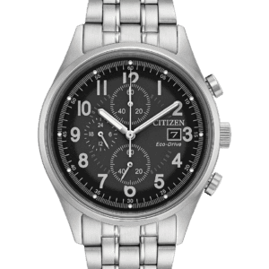 For the every day watch wearer, add a touch of classic refinement to your growing collection with a newly designed Citizen Chandler timepiece. This stylish watch, with stainless steel case and bracelet with matte grey dial, features 1/5-second chronograph measuring up to 60 minutes, 12/24-hour time and date. Featuring our Eco-Drive technology – powered by light, any light. Never needs a battery. Caliber number B612.