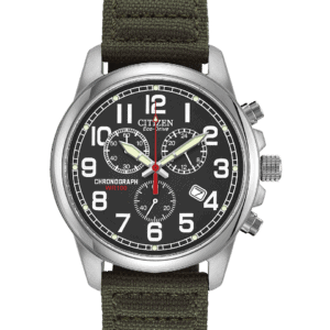 For a rugged look with a comfortable fit, this military-inspired watch fits the bill. A 1-second chrono that measures up to 60 minutes, this features 12/24 hour time, 39mm screw-back case and 100M WR. A black dial provides a backdrop for bold Arabic numerals, luminous hands & date, in a stainless steel case with green strap & patterned stitching. Featuring our Eco-Drive technology – powered by light, any light. Never needs a battery. Caliber number H500.