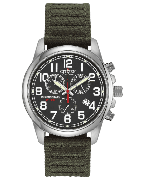 For a rugged look with a comfortable fit, this military-inspired watch fits the bill. A 1-second chrono that measures up to 60 minutes, this features 12/24 hour time, 39mm screw-back case and 100M WR. A black dial provides a backdrop for bold Arabic numerals, luminous hands & date, in a stainless steel case with green strap & patterned stitching. Featuring our Eco-Drive technology – powered by light, any light. Never needs a battery. Caliber number H500.
