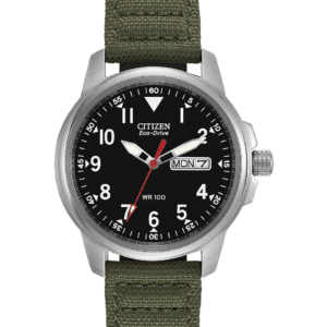 For a rugged look with a comfortable fit, this military-inspired timepiece fits the bill. with a day-date indicator, luminous hands, 37mm screw-back case, and 100M WR. The black dial provides a backdrop for simple Arabic numerals, housed in a stainless steel case along with a woven green strap with patterned stitching and a buckle clasp. Featuring our Eco-Drive technology – powered by light, any light. Never needs a battery. Caliber number E100.
