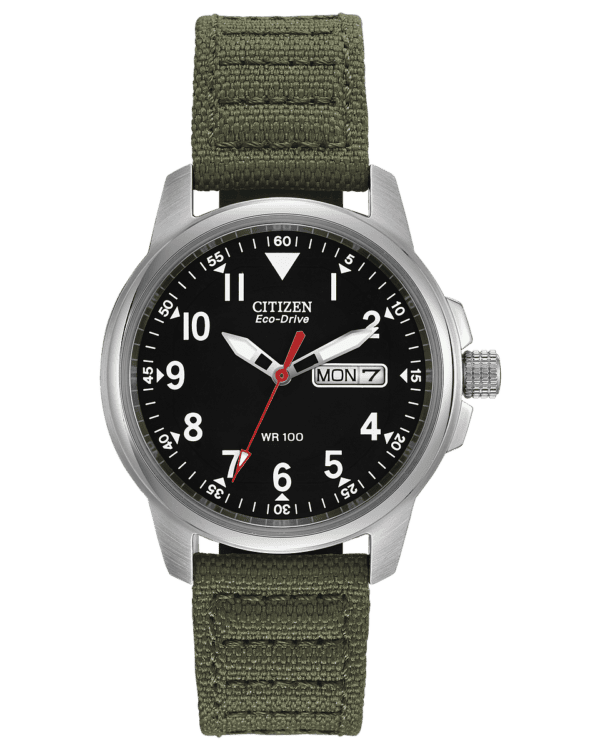 For a rugged look with a comfortable fit, this military-inspired timepiece fits the bill. with a day-date indicator, luminous hands, 37mm screw-back case, and 100M WR. The black dial provides a backdrop for simple Arabic numerals, housed in a stainless steel case along with a woven green strap with patterned stitching and a buckle clasp. Featuring our Eco-Drive technology – powered by light, any light. Never needs a battery. Caliber number E100.