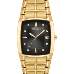 Discover the contrast between the smooth, cool lines of this modified tonneau shaped case and and its dramatic black dial with luminous hour and minute hands, second hand and date indicator Shown in stainless steel gold tone with 33 x 31 mm case and deployment clasp with push button. Featuring our Eco-Drive technology – powered by light, any light. Never needs a battery. Caliber number E111.