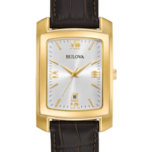 Men's Bulova From the Classic Collection. New rectangular styling in gold-tone stainless steel case with silver-white dial and date feature, curved mineral crystal, brown embossed crocodile-grain leather strap with buckle closure, and water resistance to 30 meters.