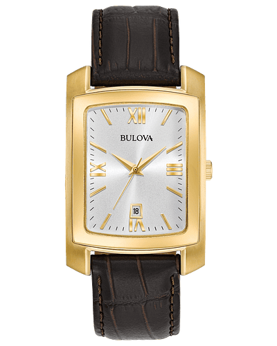 Men's Bulova From the Classic Collection. New rectangular styling in gold-tone stainless steel case with silver-white dial and date feature, curved mineral crystal, brown embossed crocodile-grain leather strap with buckle closure, and water resistance to 30 meters.