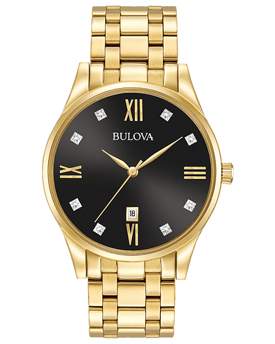 From the Diamonds Collection. New 8-diamond black dial, gold-tone stainless steel case and bracelet with double-press deployment closure, three-hand calendar, and flat mineral glass.