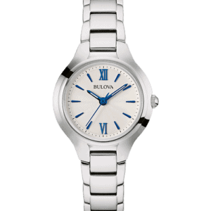 Bulova Classic Ladies Watch stainless steel case with silver-tone finish and silver-white dial, flat mineral glass, three-hand analog movement, majestic blue hands and dial details, and fold-over closure