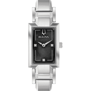 Bulova Ladies Classic Tank style with stainless steel silver tone case and bangle with a black mother of pearl dial set with three diamonds. Watches features a flat mineral crystal, quartz movement, and water resistance to 30 meters.