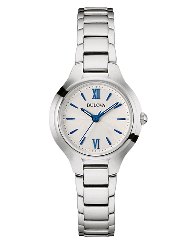 Bulova Classic Ladies Watch stainless steel case with silver-tone finish and silver-white dial, flat mineral glass, three-hand analog movement, majestic blue hands and dial details, and fold-over closure