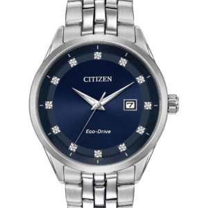 The CITIZEN Corso collection offers a classic, contemporary style for the simple watch wearer. A functional simplicity with a touch of elegance. Featured in stainless steel with a contrasting black dial with diamond accents. Featuring our Eco-Drive technology – powered by light, any light. Never needs a battery. Caliber number J730.