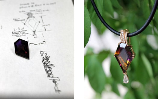 Custom designed diamond shaped pendant next to the original design sketch