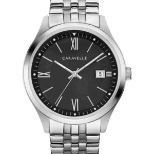 Bulova Caravelle Men's Dress Watch. Perfect transition from day to evening, with its tailored lines and luminous hour indicators and hands, this versatile watch, in stainless steel with black dial, features Roman numeral and stick markers, calendar, and double-press fold-over clasp.