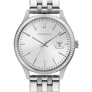 Bulova Caravelle Men's Dress Watch. Elegant and perfectly refined textured coin-edge bezel detail around a three-hand silver-white dial and date magnifier. Stainless steel case and bracelet with double-push fold-over closure.