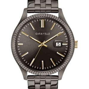 Gents Bulova Caravelle Sleek and streamlined in stainless steel with gunmetal finish, gold-finish crown, grey sun-ray dial, luminous hands, date feature, and double-press fold-over clasp.