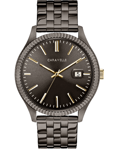Gents Bulova Caravelle Sleek and streamlined in stainless steel with gunmetal finish, gold-finish crown, grey sun-ray dial, luminous hands, date feature, and double-press fold-over clasp.