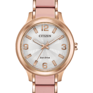 Share your fashionable point of view starting with this hip Drive from CITIZEN AR timepiece. A stainless steel case with rose gold-tone stainless steel and blush pink silicone band featuring white dial. Featuring our Eco-Drive technology – powered by light, any light. Never needs a battery. Caliber number J830.