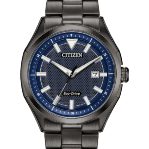 An edgy structure in a classic setting, this Drive from Citizen WDR watch features a deep gray ion-plated stainless steel case and bracelet with a denim blue dial and date. Featuring our Eco-Drive technology – powered by light, any light. Never needs a battery. Caliber number J810.