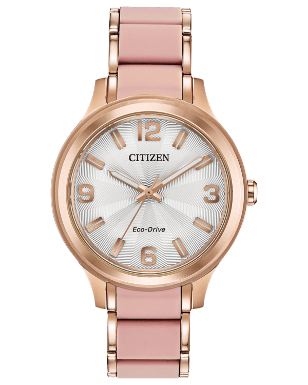 Share your fashionable point of view starting with this hip Drive from CITIZEN AR timepiece. A stainless steel case with rose gold-tone stainless steel and blush pink silicone band featuring white dial. Featuring our Eco-Drive technology – powered by light, any light. Never needs a battery. Caliber number J830.