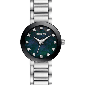 Bulova Futuro Black Mother Of Pearl Watch In stainless steel, 12 diamonds individually hand set on black mother-of-pearl dial, domed mineral glass, metalized edge-to-edge crystal, stainless steel bracelet with deployment closure.