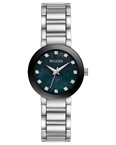 Bulova Futuro Black Mother Of Pearl Watch In stainless steel, 12 diamonds individually hand set on black mother-of-pearl dial, domed mineral glass, metalized edge-to-edge crystal, stainless steel bracelet with deployment closure.