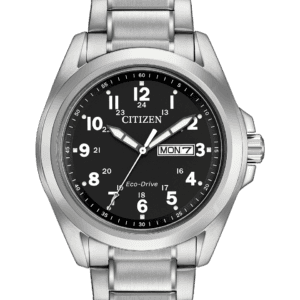 Classic watch styling designed for the man of today. Sporty with clean lines and oversized Arabic numbers, just what we want in an everyday timepiece. Featuring day and date. Featuring our Eco-Drive technology – powered by light, any light. Never needs a battery. Caliber number J800.