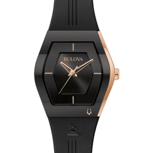 As the official Timepiece partner of The Latin GRAMMYs®, Bulova has created the Latin GRAMMY® Gemini, a new curved tonneau design. The distinctive asymmetrical rose gold-tone stainless steel case with a black signature Futuro edge to edge curved metalized crystal features a black dial with rose gold-tone accents. The black silicone strap features the iconic Latin GRAMMY® logo on the front, as well as on the case back which showcases the platinum colored logo to commemorate the 21st Annual Latin GRAMMY® Awards. The watch features a three-hand quartz movement, deployment buckle with pushers, and water resistance to 30 meters.