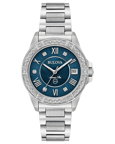 Ladies Bulova Marine Star in stainless steel case with 29 diamonds individually hand set on silver-tone accented bezel and dial, midnight blue mother-of-pearl inner dial, sapphire glass, screw-back case, stainless steel bracelet with double-press deployment closure, and water resistance to 100 meters.